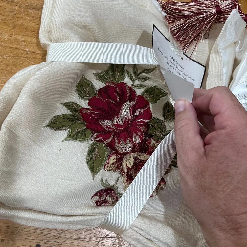 Laura Ashley Lifestyles Rose Embroidered Tassel Throw Blanket Ivory Burgundy